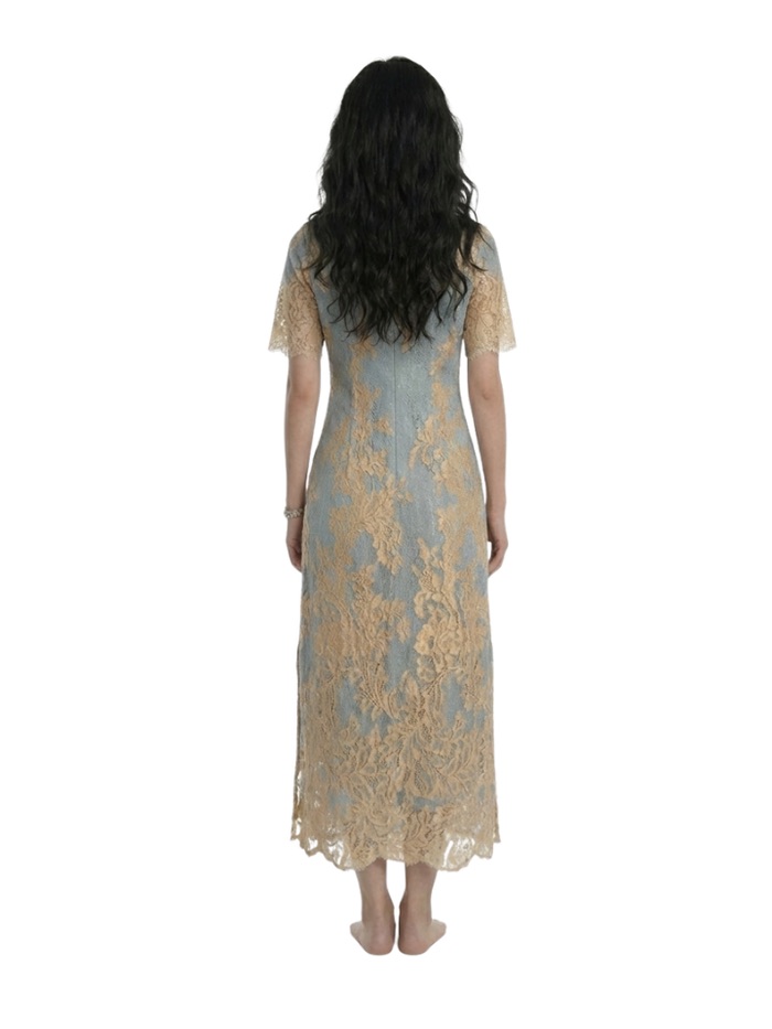 Embroidered Pale Blue Midi Dress With Gold Lace Accents — image 3 of 8